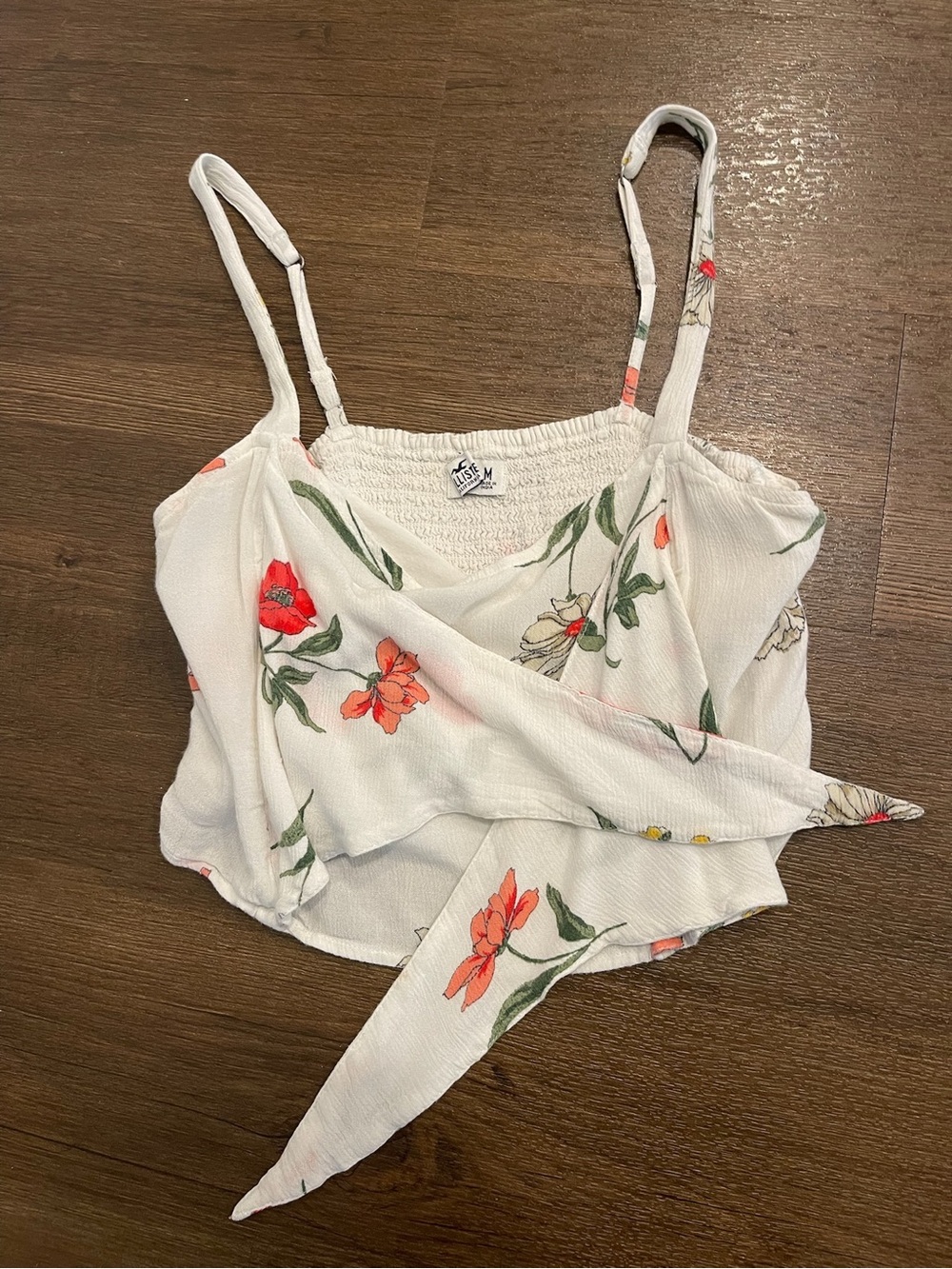 Hollister White Floral Tie-Front Cami with Coral Blooms